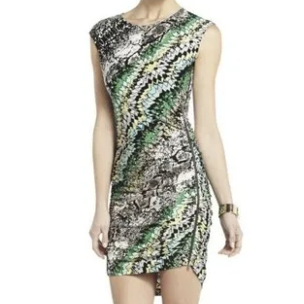 BCBG Maxazria Dell Dress Snake Print Zipper Ruched Bodycon